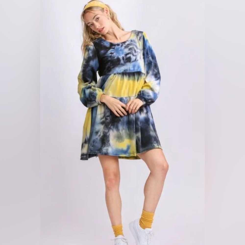 Umgee Full Size Tie Dye Round Neck Long Sleeve Babydoll Tiered Dress,size Medium
